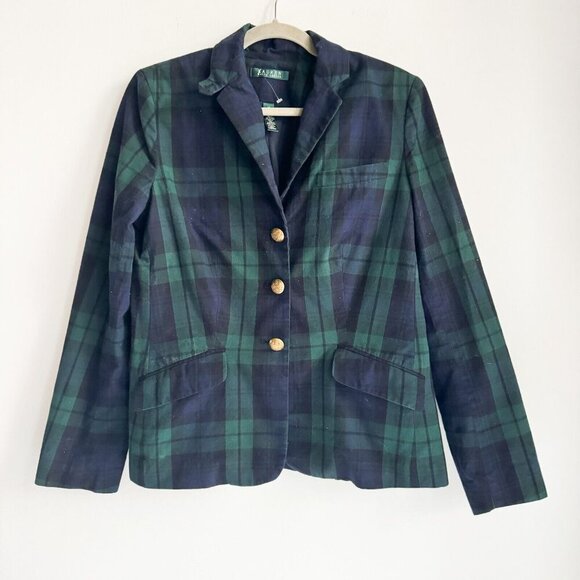 Lauren Ralph Lauren Blackwatch Plaid Blue Green Cotton Blazer 12 - Picture 1 of 11